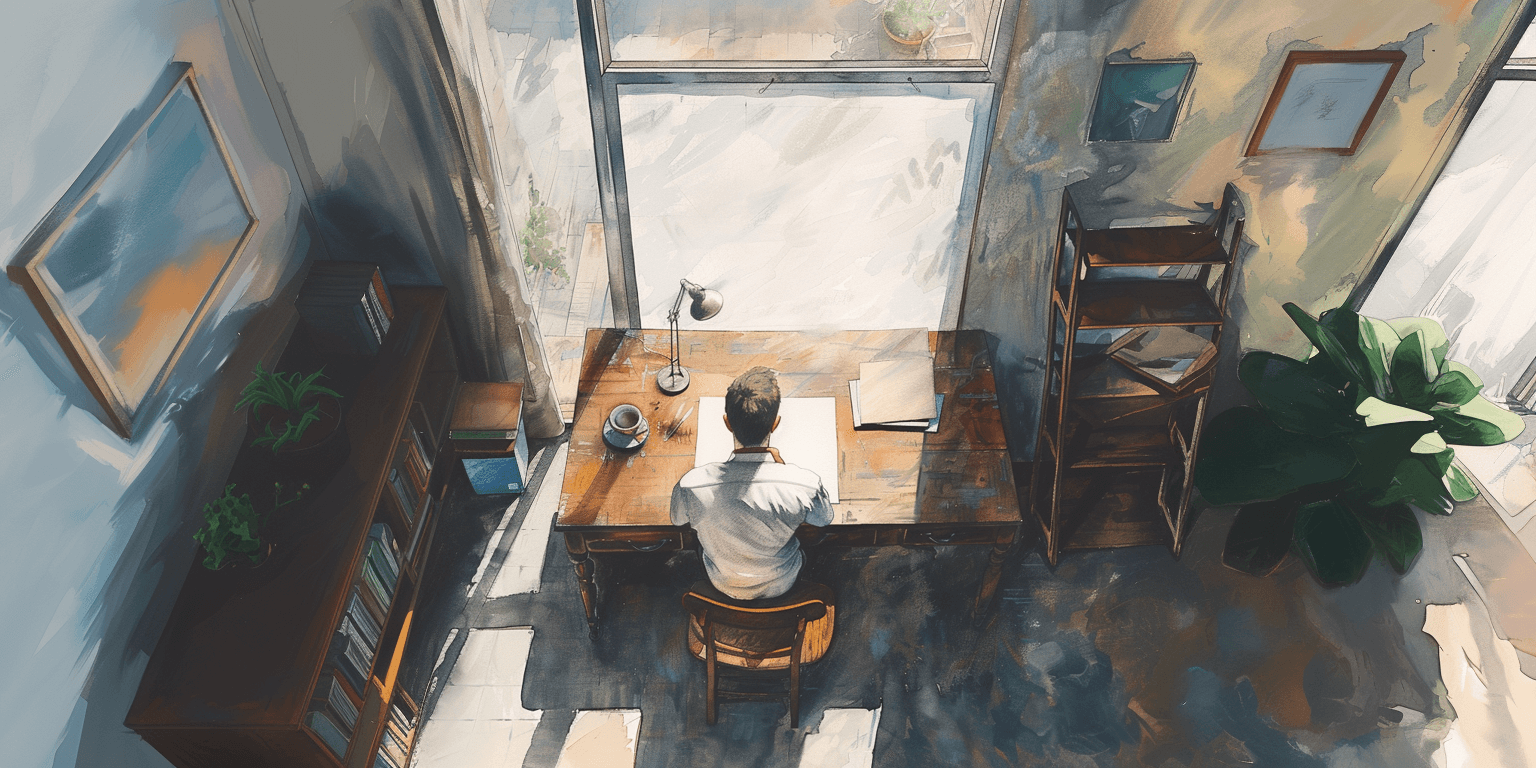 Midjourney prompt: A man sitting at a desk in an apartment with a blank page in front of him. Camera angle is top down above the man. Sunny daytime, soft and smooth, subtle highlight. The style is water colors or oil painting.