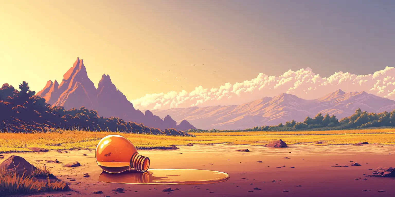 Midjourney prompt: A knocked over empty elixir flask lying on the ground with a bit of liquid dripping from it, on a cold morning with mountains in the horizon. Using image from first blog post as style reference.