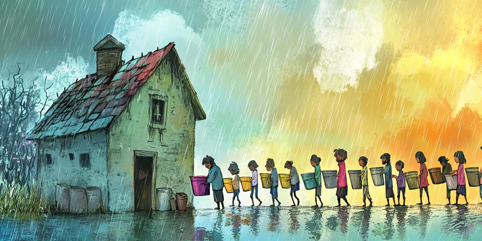 Midjourney prompt: A long line of tired and sad people are carrying empty buckets into a house with a leaky roof. Another line of people are carrying filled buckets out of the house. A person is watching and pointing to the roof but is being dismissed. The roof is old and in poor condition. It is rainy. The image is colorful.