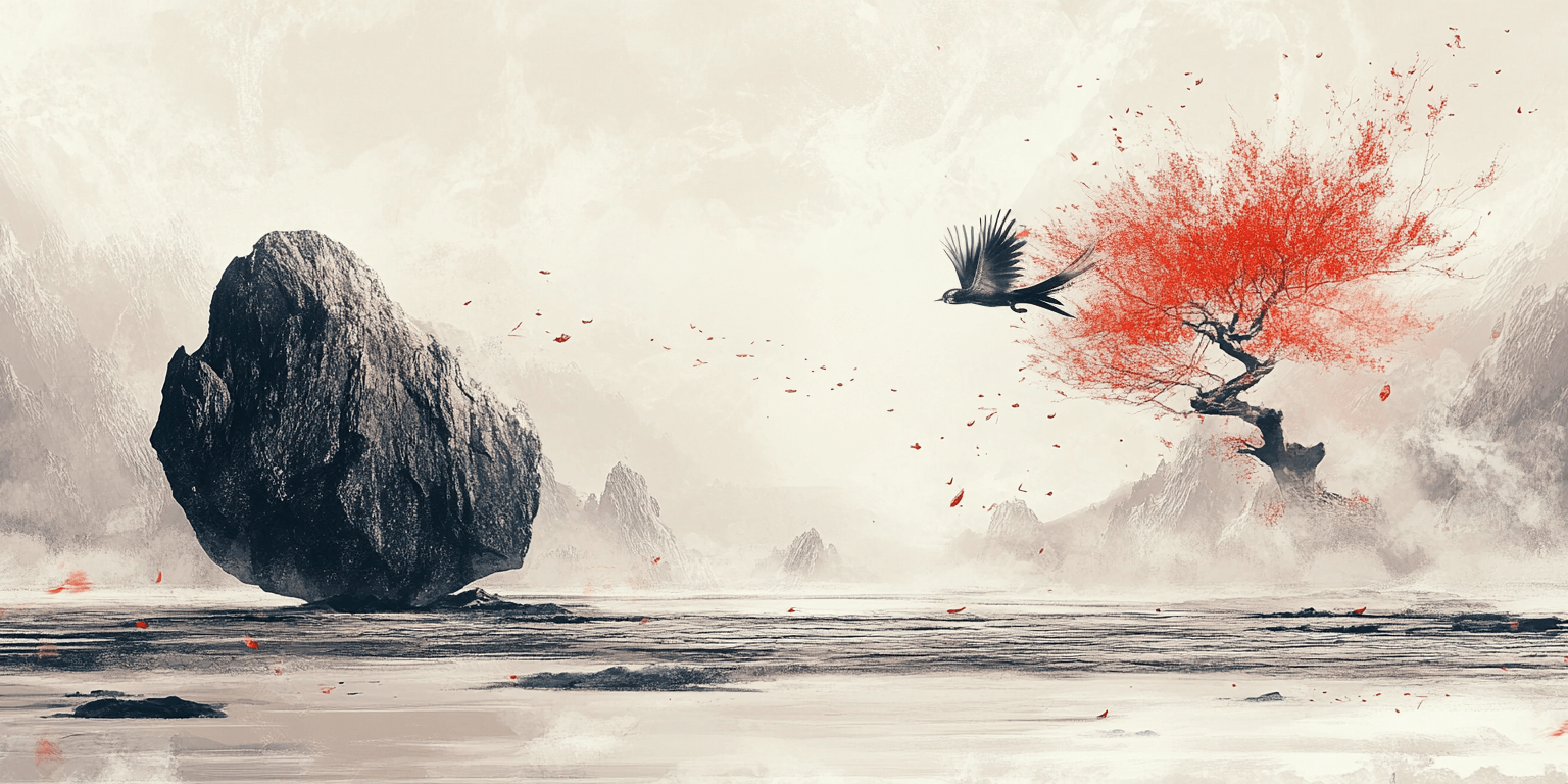 Midjourney prompt: Stone and air faceoff in simple Chinese style. Midjourney edit prompt (upon small region): Flying bird in simple Chinese style.