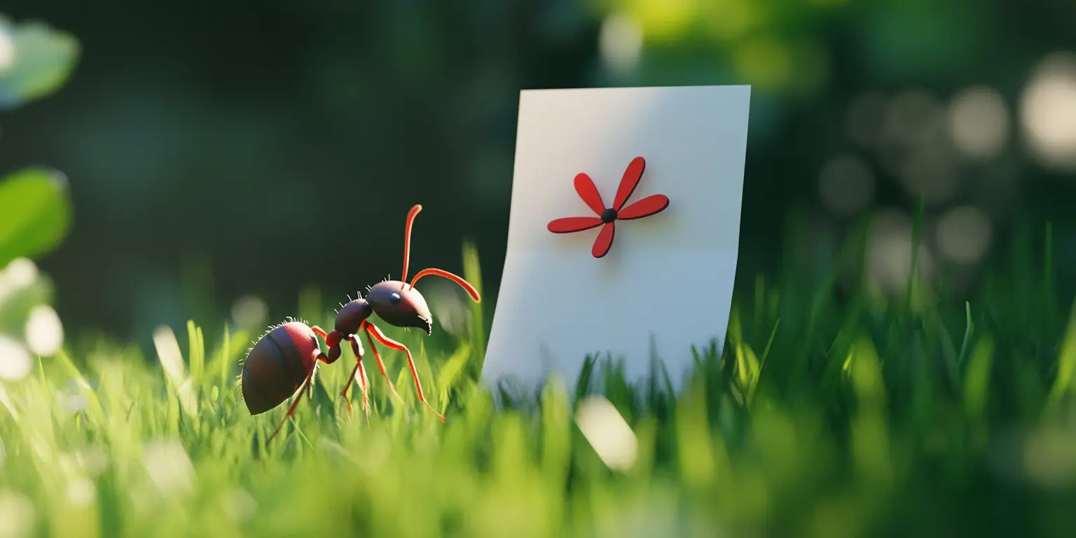 Midjourney prompt: Zoomed in between grass is a simple vector document icon in 3d. The document is white with a red simple three-petaled flower. Next to the icon is a huge ant. Blurred surroundings.