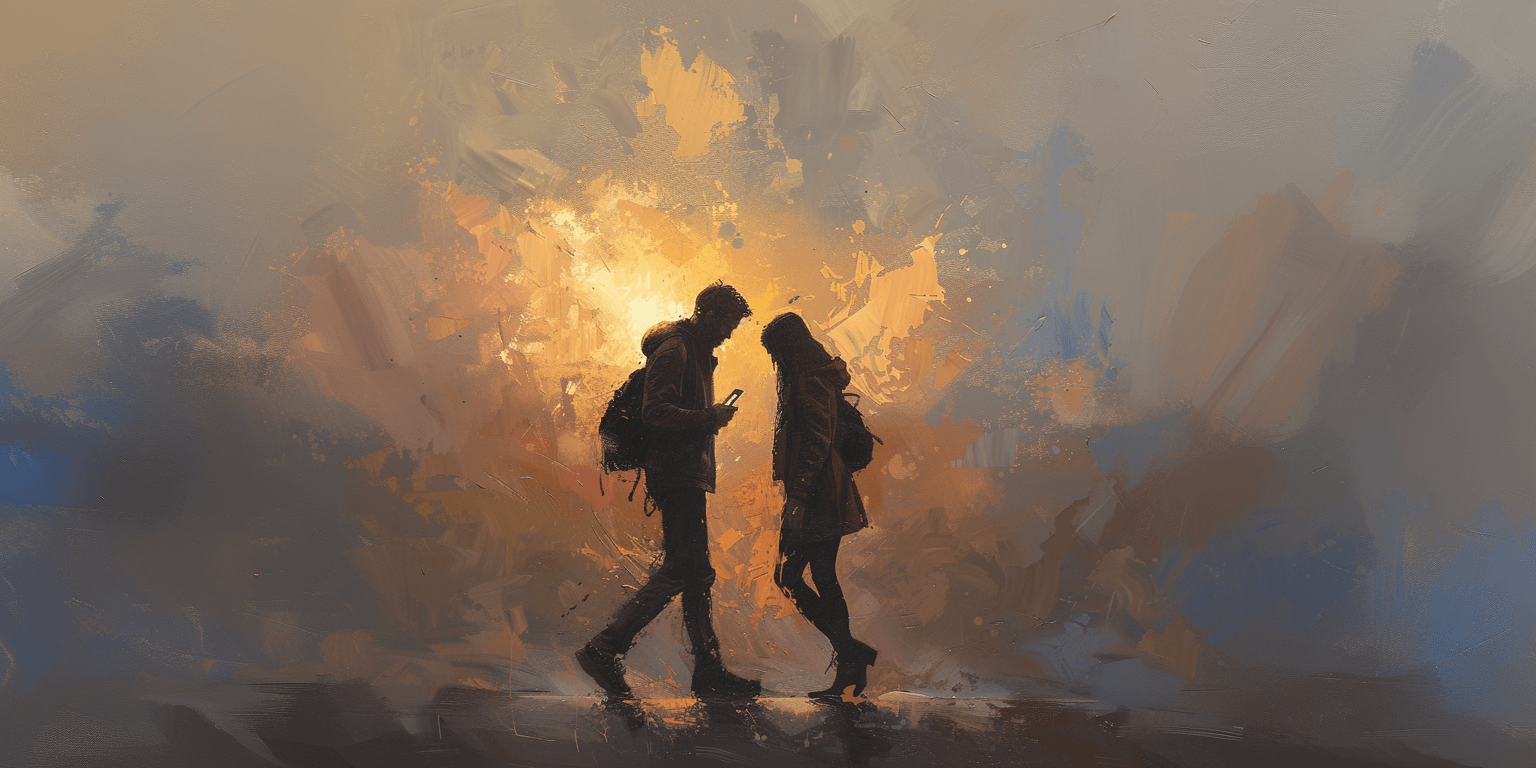 Midjourney prompt: Two people walking towards each other and bumping into each other. One person is looking down at their smartphone the other person is looking at the sky. Subtle highlight. concept art, oil on canvas painting.