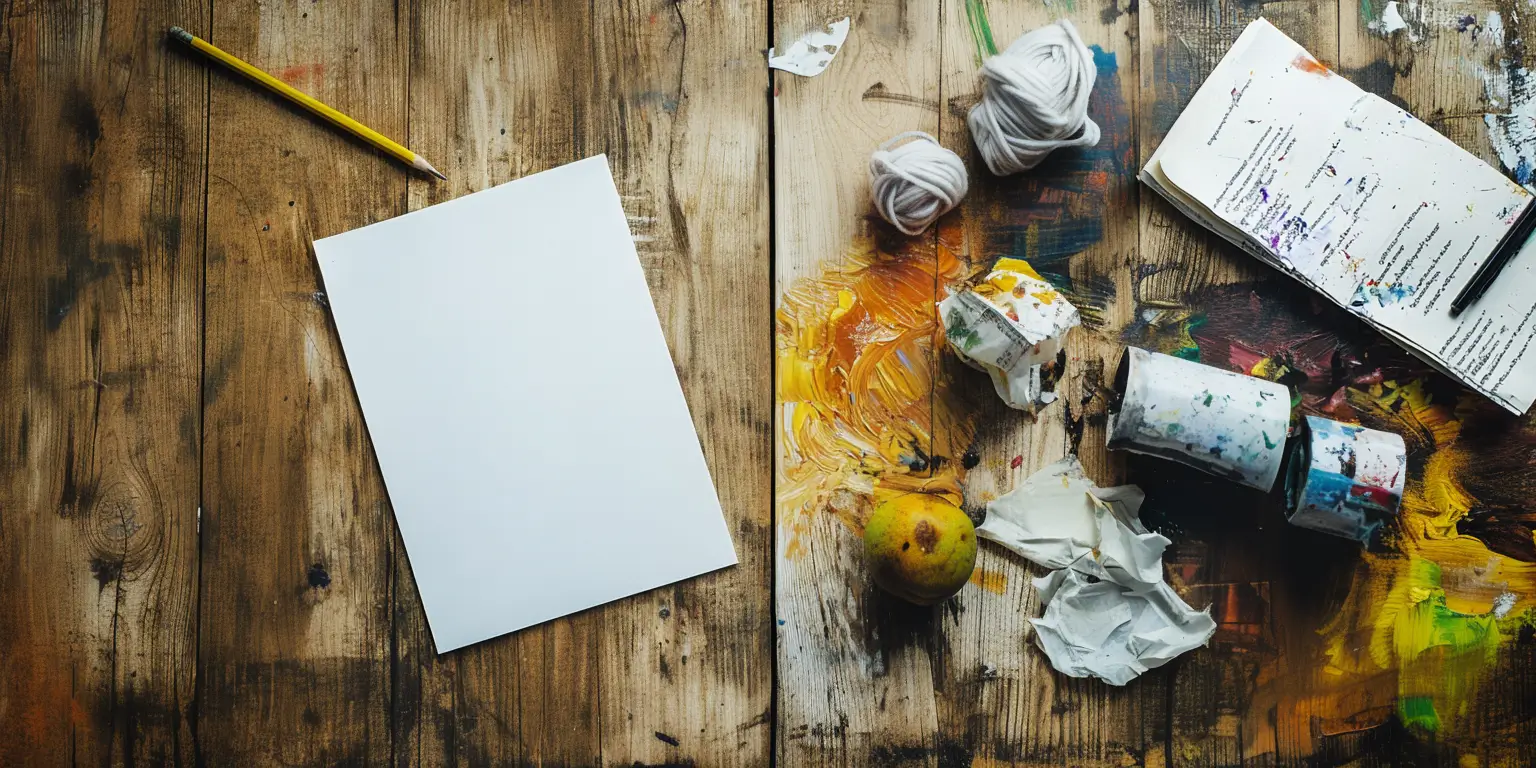 Midjourney prompt: Top down view of a wooden table top with one half clean and with neatly stacked papers while the other half is a mess. The mess consist of pensils, curled paper, coffee stains and trash. Colorful oil painting. Midjourney edit prompt several: 1. Clean wooden table top with neatly stacked paper and a single pencil. 2. Messy wooden table top with trash like curled paper, stains half eaten fruit and a broken pencil. 3. Colorful wooly yarn on table.