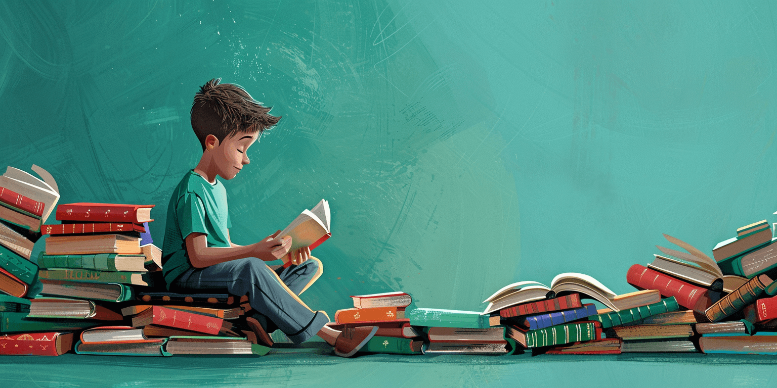 Midjourney prompt: A young and content boy sitting crosslegged reading a book. A simple solid teal color background. There are a few stacks of books in all colors and sizes around him. The style is Pixar.