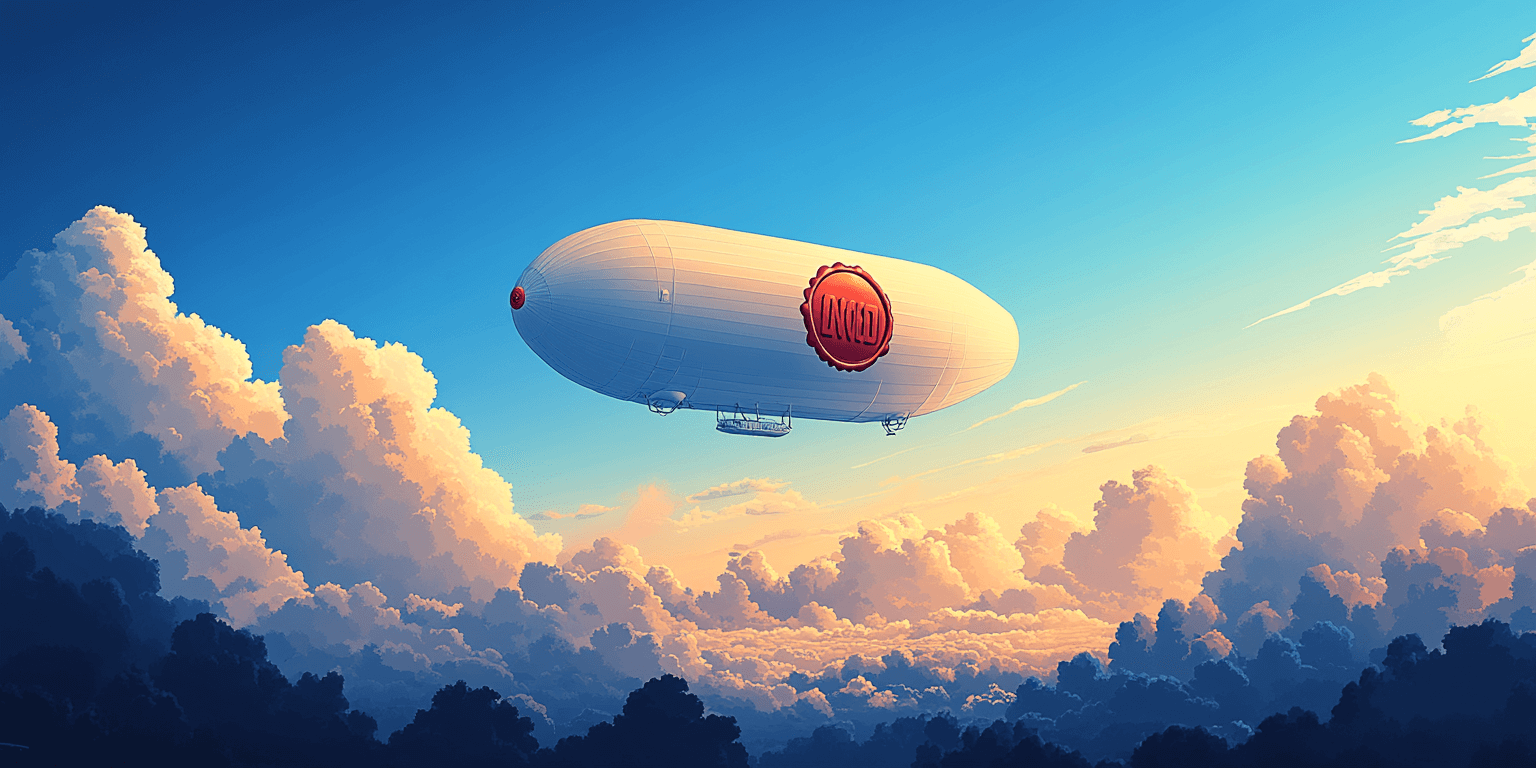 Midjourney prompt: Just above the clouds in the sky is a white zeppelin with a huge red wax seal on the middle of the side. The seal is the Amazon logo. Golding hour and a clear blue sky. Illustrated using simple vectors.